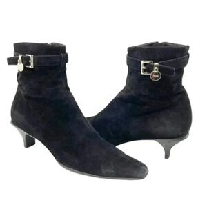 Prada Black Suede Pointed Toe French Kitten Heel Side Zip Ankle Boots Size 8